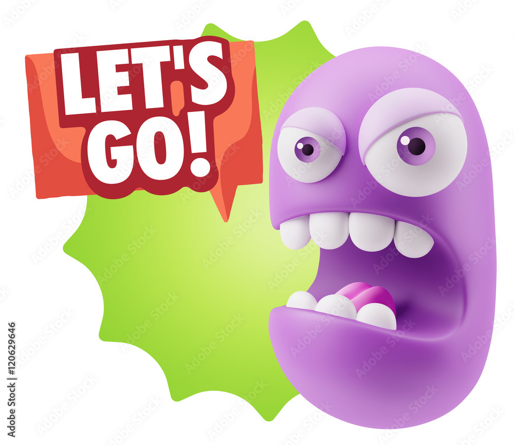 Poster 3d rendering angry character emoji saying let's go with colorful