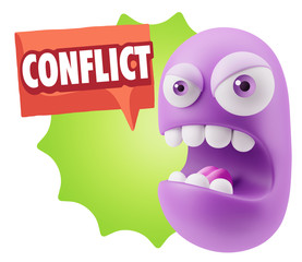 3d Rendering Angry Character Emoji saying Conflict with Colorful