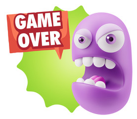 3d Rendering Angry Character Emoji saying Game Over with Colorfu
