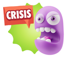 3d Rendering Angry Character Emoji saying Crisis with Colorful S