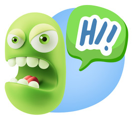 3d Rendering Angry Character Emoji saying Hi with Colorful Speec