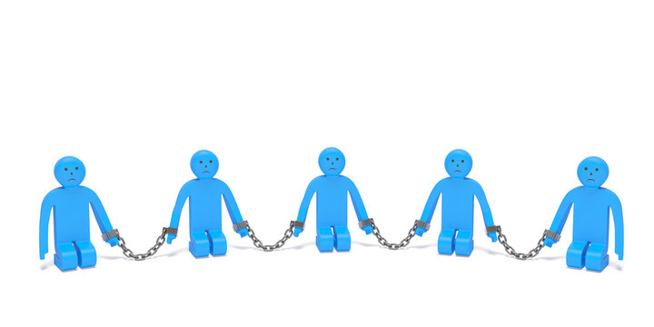 International Day for the Remembrance of the Slave Trade and Its Abolition. Sad kneeling people put into chains as symbol of combating human trafficking, protection from slave trading