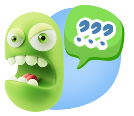 3d Rendering Angry Character Emoji saying ??? with Colorful Spee