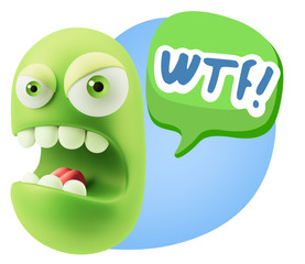 3d Rendering Angry Character Emoji saying WTF with Colorful Spee