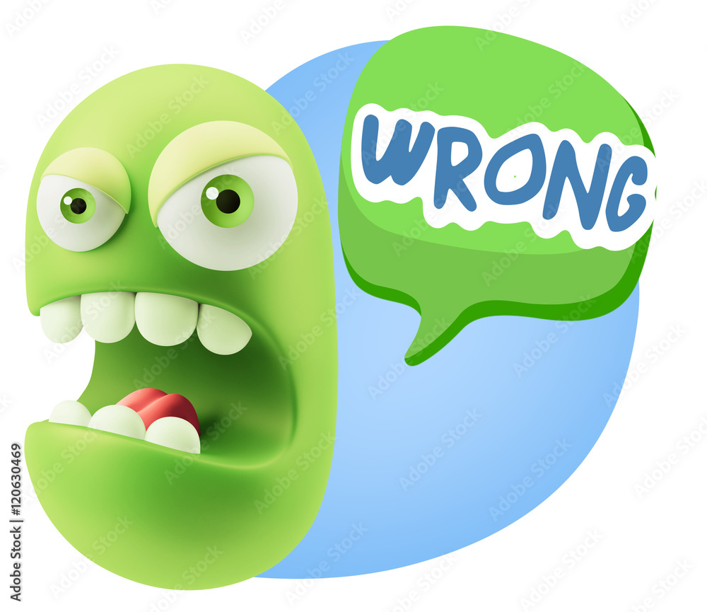 Poster 3d rendering angry character emoji saying wrong with colorful sp