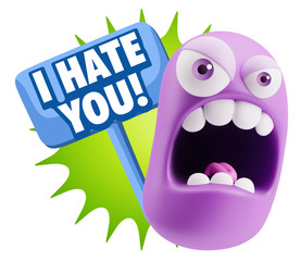 3d Rendering Angry Character Emoji saying I Hate you with Colorf