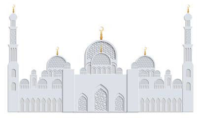 Beautiful islamic mosque drawn in gray and gold and isolated on white background. Greeting card template for Ramadan, Eid al Fitr-festival of breaking of the fast, Eid al-Adha-festival of sacrifice