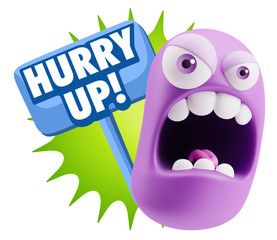 3d Rendering Angry Character Emoji saying Hurry Up with Colorful
