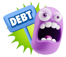 3d Rendering Angry Character Emoji saying Debt with Colorful Spe