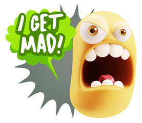 3d Rendering Angry Character Emoji saying I Get Mad with Colorfu