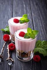 Dessert with granola, yogurt and raspberry
