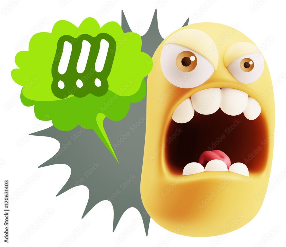 Poster 3d rendering angry character emoji saying !!! with colorful spee