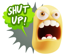 3d Rendering Angry Character Emoji saying Shut Up with Colorful