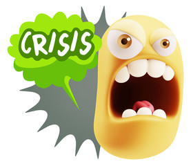 3d Rendering Angry Character Emoji saying Crisis with Colorful S