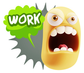 3d Rendering Angry Character Emoji saying Work with Colorful Spe