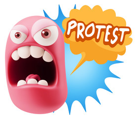3d Rendering Angry Character Emoji saying Protest with Colorful