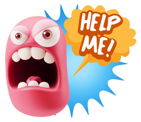 3d Rendering Angry Character Emoji saying Help me with Colorful