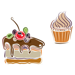 Set of piece of cake and cupcake