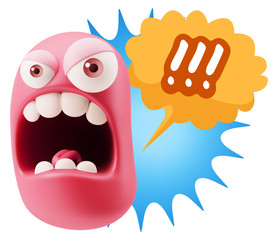 3d Rendering Angry Character Emoji saying !!! with Colorful Spee