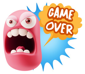 3d Rendering Angry Character Emoji saying Game Over with Colorfu