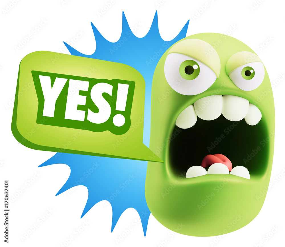 Aufkleber 3d rendering angry character emoji saying yes with colorful spee