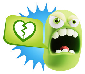 3d Rendering Angry Character Emoji saying Heart Broken Icon with