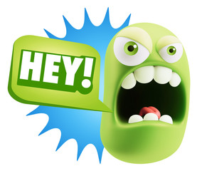 3d Rendering Angry Character Emoji saying Hey with Colorful Spee
