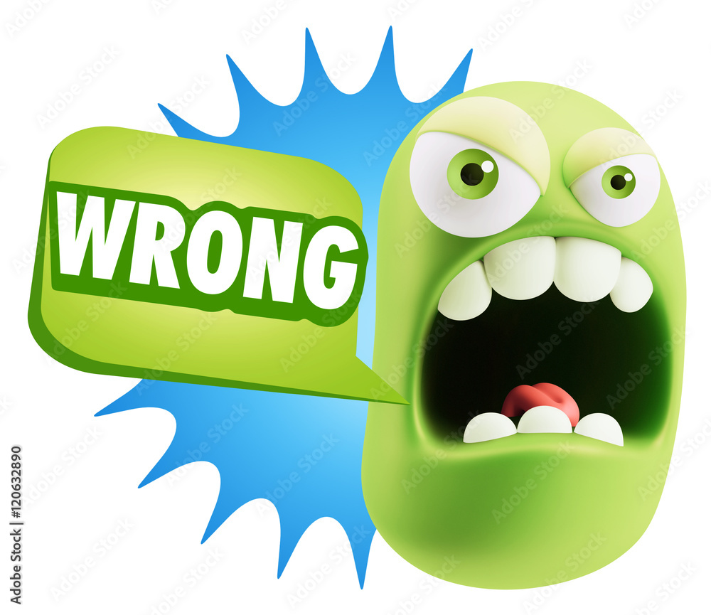 Poster 3d rendering angry character emoji saying wrong with colorful sp