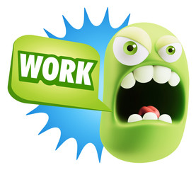 3d Rendering Angry Character Emoji saying Work with Colorful Spe