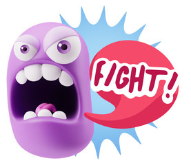 3d Rendering Angry Character Emoji saying Fight with Colorful Sp