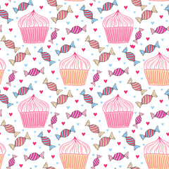 Sweets seamless pattern with cupcakes and candy. Girly background for menu decoration, wrapping paper or textile design