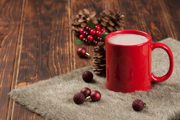 Mug Of Hot Chocolate Or Coffee With Milk. Christmas Decorations.