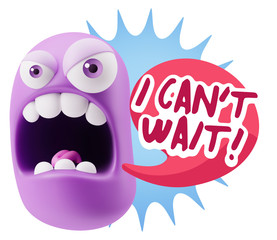 3d Rendering Angry Character Emoji saying I Can't Wait with Colo