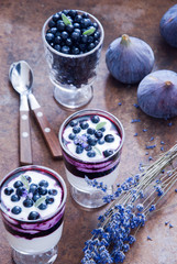 Blueberry dessert with lavender flowers