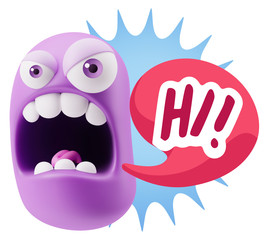 3d Rendering Angry Character Emoji saying Hi with Colorful Speec
