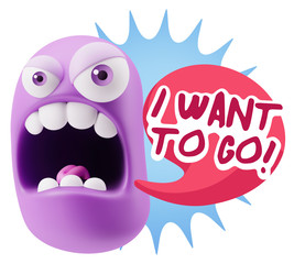 3d Rendering Angry Character Emoji saying I Want to Go with Colo