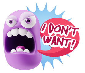 3d Rendering Angry Character Emoji saying I Don't Want with Colo
