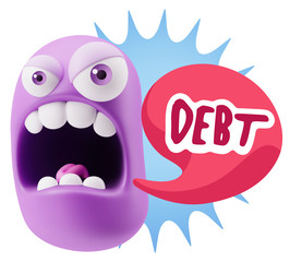 3d Rendering Angry Character Emoji saying Debt with Colorful Spe
