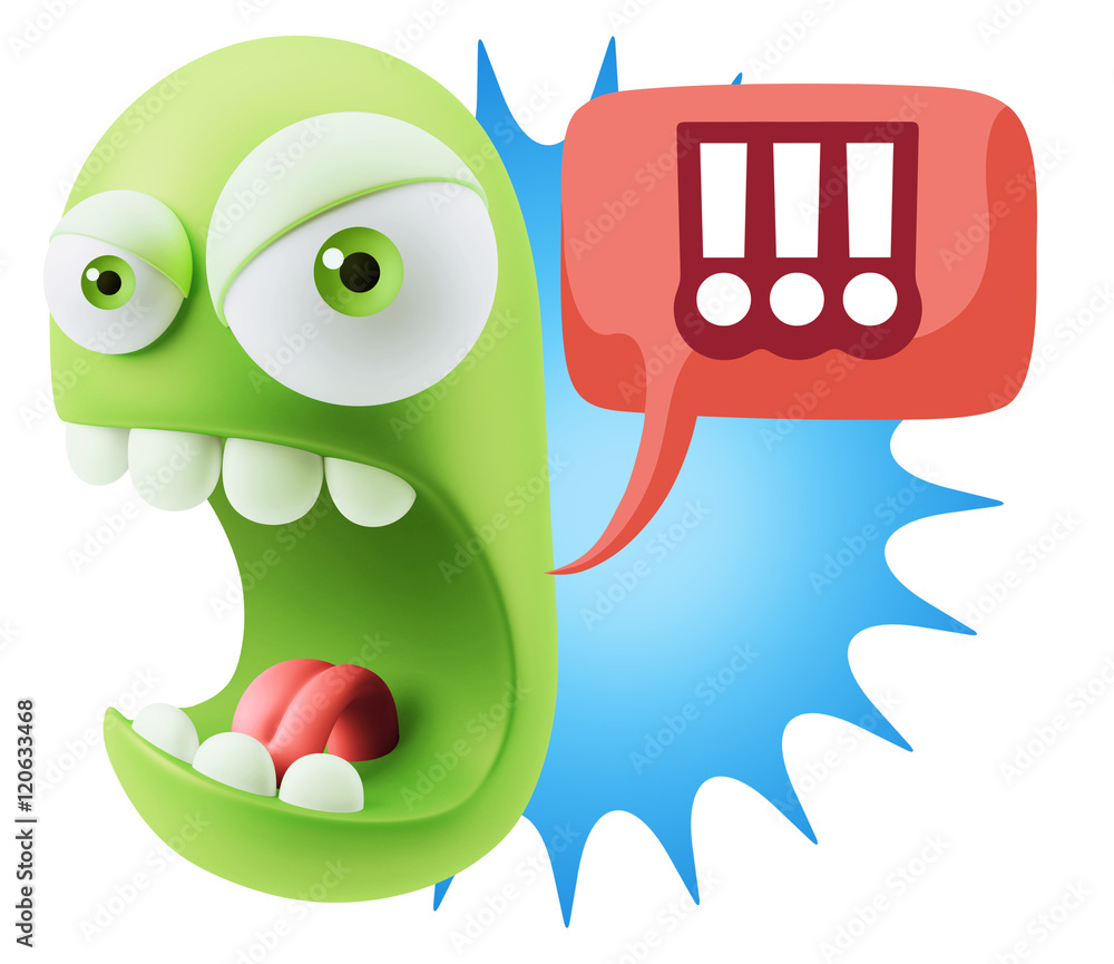 Poster 3d rendering angry character emoji saying !!! with colorful spee