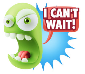 3d Rendering Angry Character Emoji saying I Can't Wait with Colo