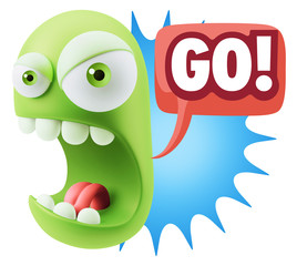 3d Rendering Angry Character Emoji saying Go with Colorful Speec