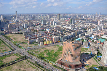 Shenyang City Skyline Aerial view, Liaoning Province, China. Shenyang is the largest city in Northeast China (Manchuria). Photo taken from Liaoning Broadcast and TV Tower, downtown Shenyang, China.