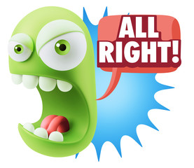 3d Rendering Angry Character Emoji saying All Right with Colorfu