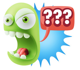 3d Rendering Angry Character Emoji saying ??? with Colorful Spee