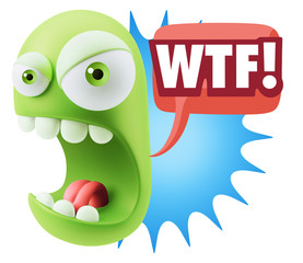 3d Rendering Angry Character Emoji saying WTF with Colorful Spee