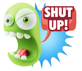 3d Rendering Angry Character Emoji saying Shut Up with Colorful