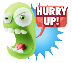 3d Rendering Angry Character Emoji saying Hurry Up with Colorful