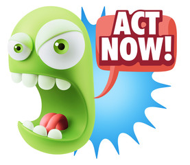 3d Rendering Angry Character Emoji saying Act Now with Colorful