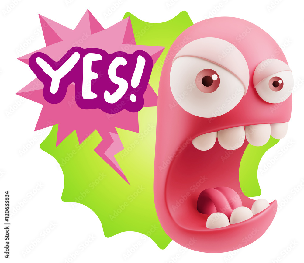 Poster 3d rendering angry character emoji saying yes with colorful spee
