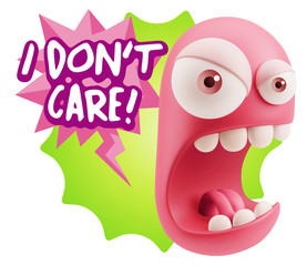3d Rendering Angry Character Emoji saying I Don't Care with Colo
